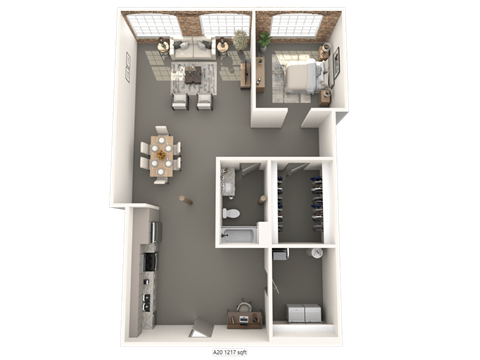 a 3d floor plan of a 1 bedroom apartment at converse mill lofts in Spartanburg, SC